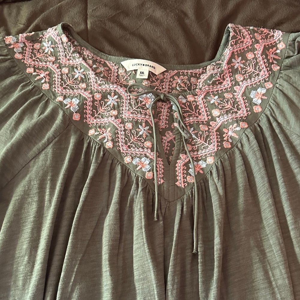 Lucky Brand Olive Green Tunic with Pink Embroidery